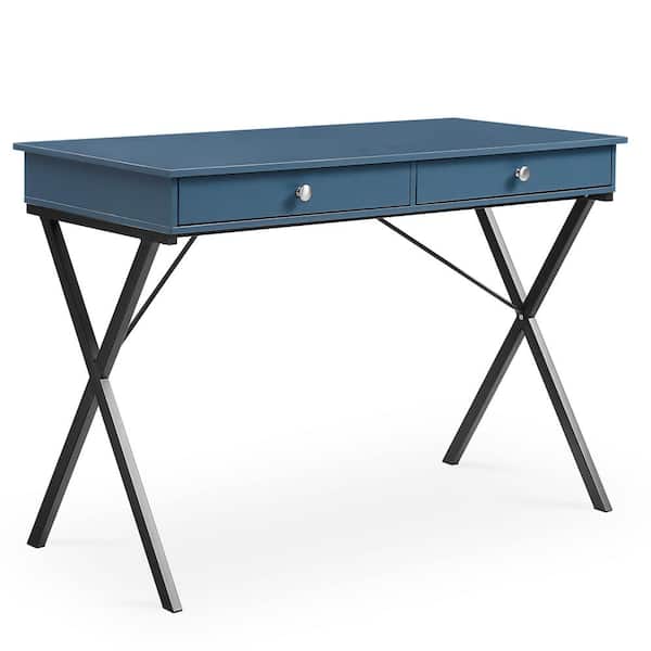 aisword 42 in. Blue Steel Finish MDF Table Top 2-Drawers Writing Desk with Black Stoving Varnsih Steel Frame