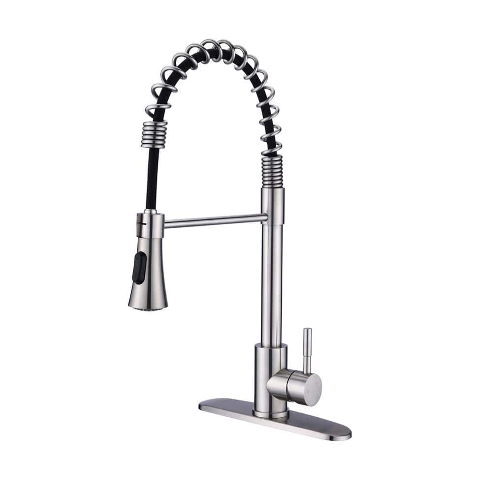 Single Handle  Pull Down Sprayer Kitchen Faucet with Deck Plate in Brushed Nickel Commercial Spring -  Fapully, FAB-0030N-D