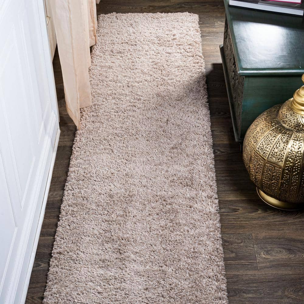 2  X 8  Groovy Solid Shag Runner Rug  Beige - JONATHAN Y