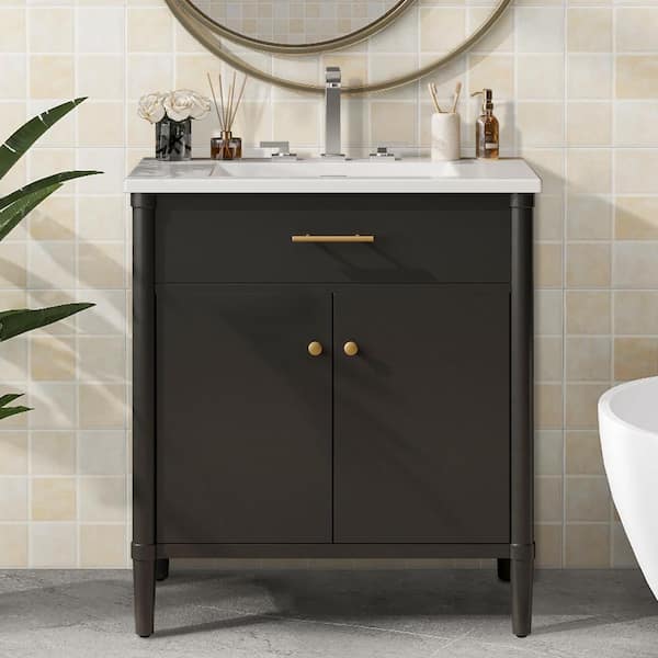 31 in. W Single Sink Freestanding Black Bath Vanity with White Ceramic Top and Adjustable Shelf, Unassembled