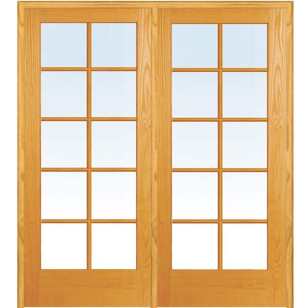 MMI Door 60 in. x 80 in. Left Hand Active Unfinished Pine Glass 10-Lite Clear True Divided Prehung Interior French Door