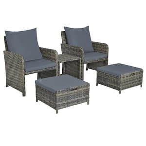 5-Piece Outdoor Brown Rattan Wicker Patio Conversation Sofa Ottoman and Table Set with Gray Cushions Lounge Chair