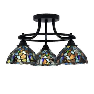 Madison 3-Light Semi-Flush Shown In Matte Black Finish With 17.75 in. Blue Mosaic Art Glass