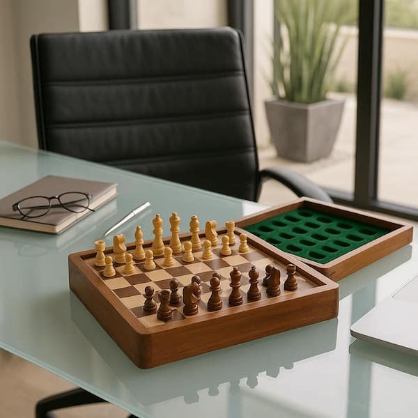 Brown 10 in. x 2 in. Acacia Wood Magnetic Chess Table Game Set