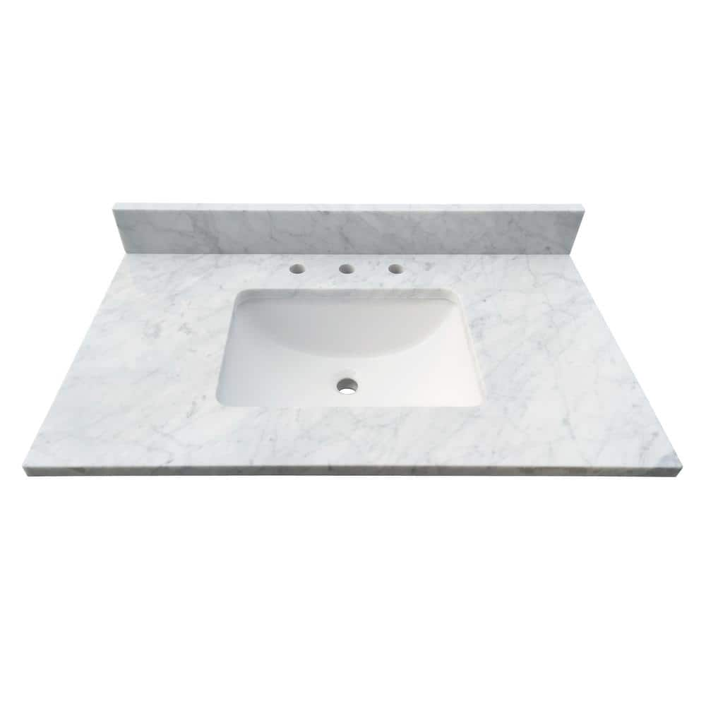 Tile Top 31 In W X 22 In D X 1 In H Bianco Carrara White Marble Vanity Top With White Basin Th0568 The Home Depot