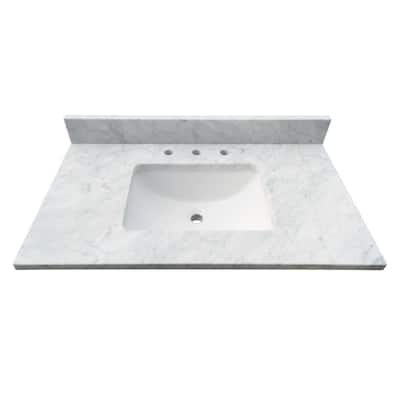 31 in. W x 22 in. D x 1 in. H Bianco Carrara White Marble Vanity Top with White Basin