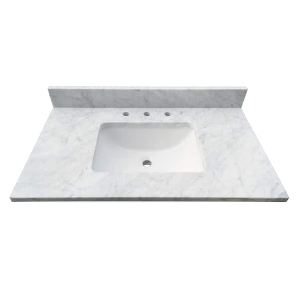 Tile Top 37 In W X 22 D 1 H Bianco Carrara White Marble Vanity With Basin Th0569 The Home Depot - Marble Bathroom Counter With Sink