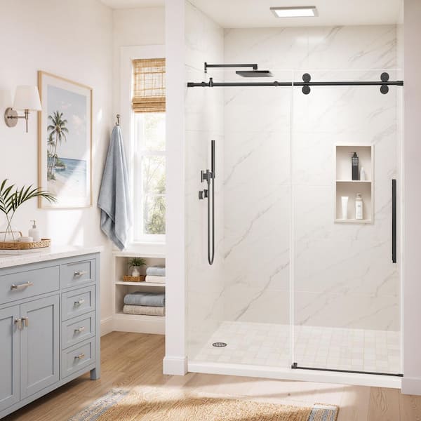 56-60 in. W x 76 in. H Single Sliding Frameless Shower Door in Matte Black with 8mm Easy-Clean Nano-Coated Glass