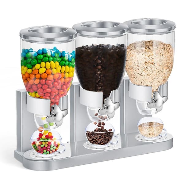 1 Piece Triple Indispensable Dry Food Dispenser, Cereal Container for Storage Preserving, Silver