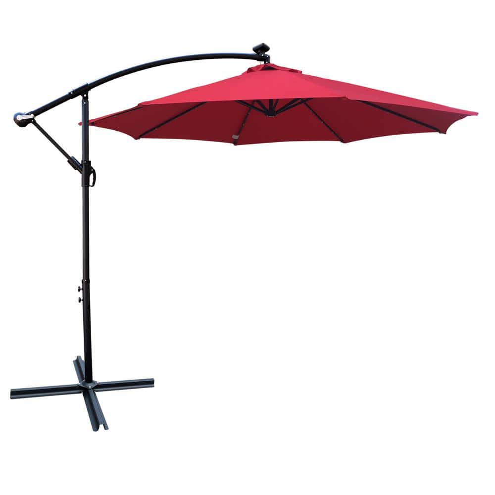 10 ft. Steel Cantilever Patio Umbrella Solar Powered in Red with Crank and 