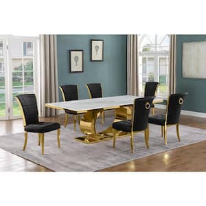 Ibraim 7-Piece Rectangle White Marble Top Gold Stainless Steel Dining Set with 6 Black Velvet Gold Iron Leg Chairs