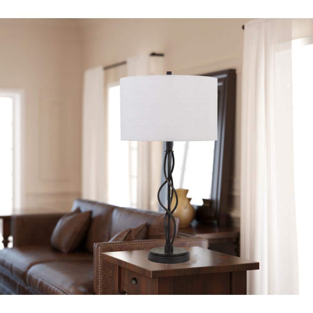 30" Bronze Metal Table Lamp with Off-White Drum Shade