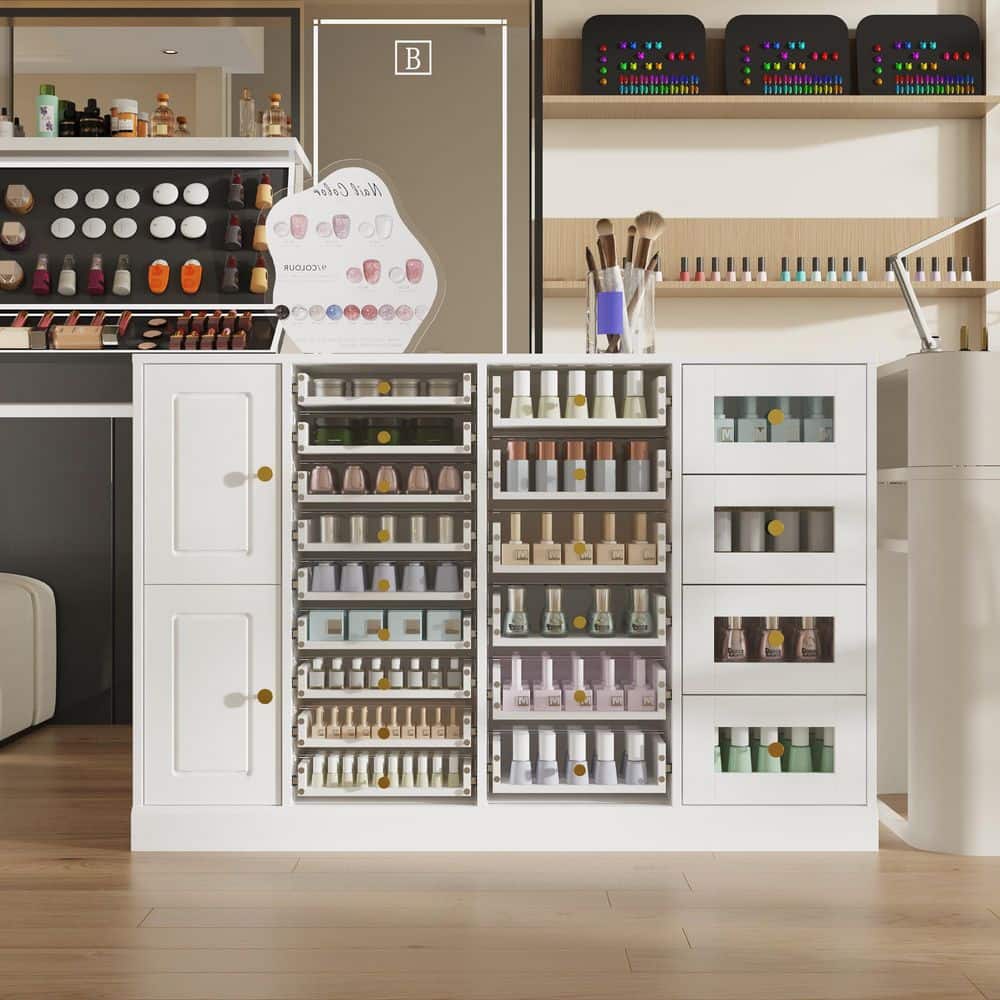 White Wood & Glass 47.2 in. W Jewelry Armoire, Collectibles Cabinet, Nail Polish Storagee with 1 Shelf & 19 Drawers