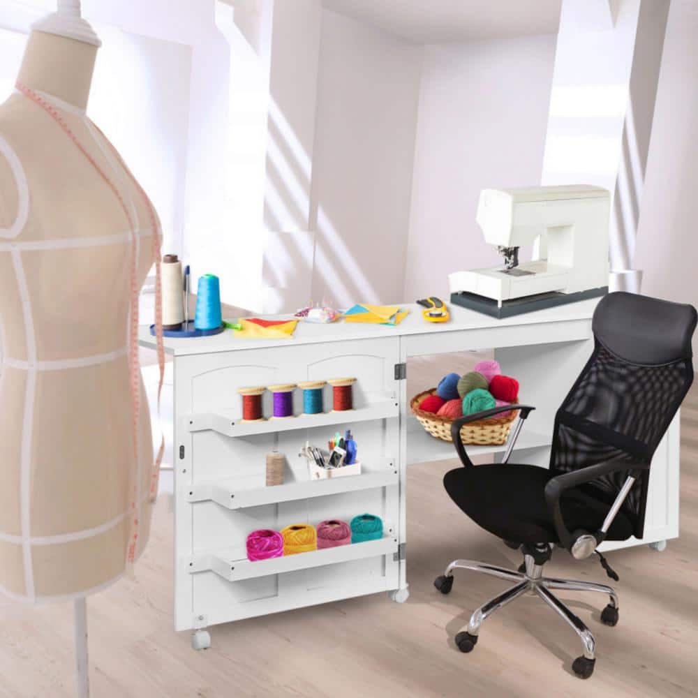 White Folding Sewing Table with Shelves and Wheels