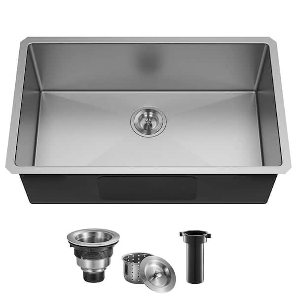 28 in. Undermount Single Bowl 16-Gauge Brushed Stainless Steel Commercial Kitchen Sink with Strainer
