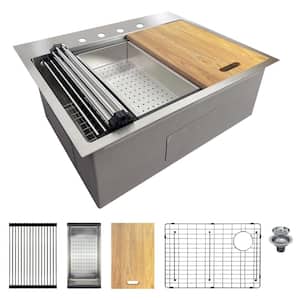 Workstation 27 in. Drop-In Single Bowl Stainless Steel 5-Hole Kitchen Sink with Accessories