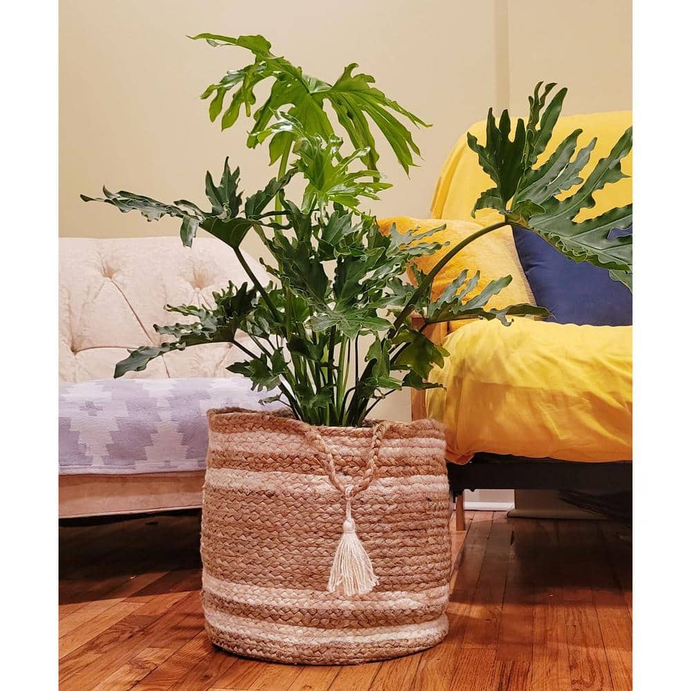 Eco-Friendly Handmade Jute Storage Basket with White Stripes, 19"