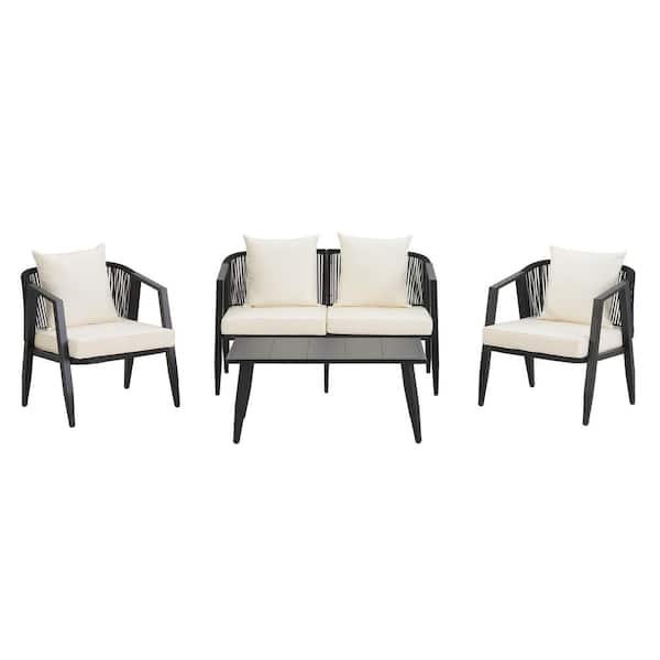 4-Piece Black Outdoor Patio Conversation Sofa Set with a Table Chairs and Beige Cushions for Patios Garden Poolsides