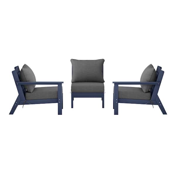 Birchwood Navy Blue Arrangeable 3-Piece HDPE Deep Seating Outdoor Patio Conversation Sofa Armchair Set w/Gray Cushions WESTIN OUTDOOR