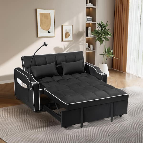 55 in. Black-White Suede Twin Size Sofa Bed with USB Port, Ashtray and Swivel Phone Stand