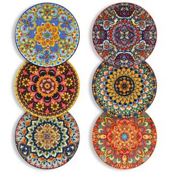 Multi-colored Porcelain Dessert Plate (Set of 6) Plates Set 8.5 in. Round Kitchen Plates Bohemian Style Serving Plates