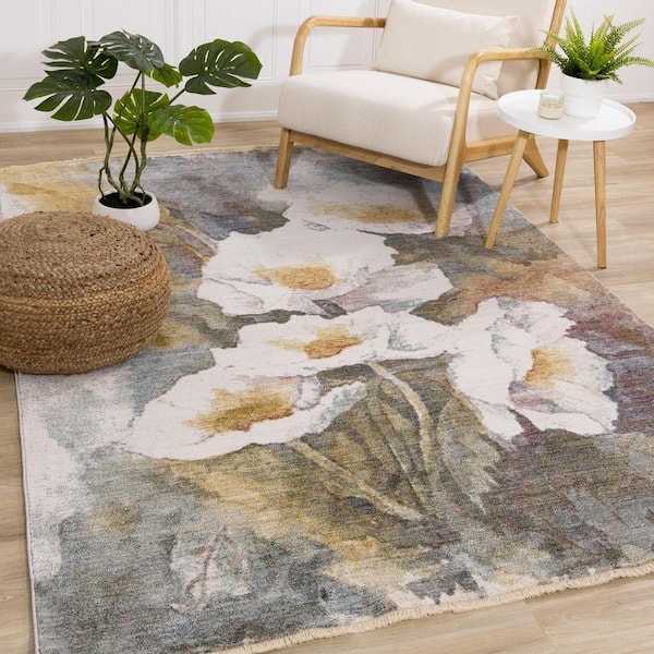 Orenda Collections 5 ft. x 8 ft. Beige Botanical, Organic Indoor Area Rug