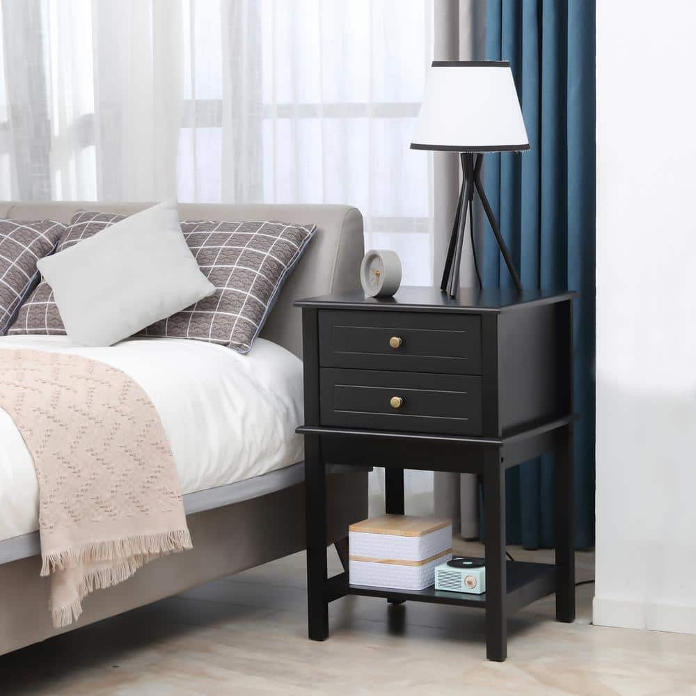 Modern Black Wood Side Table with Dual Storage Drawers and Shelf
