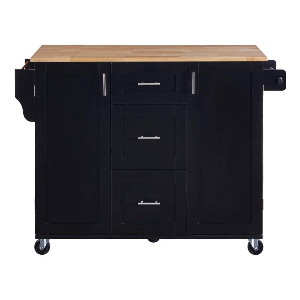 Black Rubber Wood 43 in. Kitchen Island with 3 Drawers 2 Slide-Out Shelf an