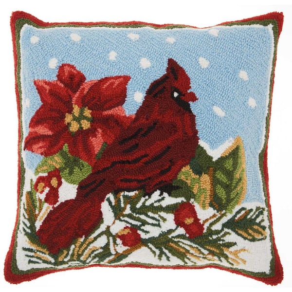 Mina Victory Home For The Holiday Cardinal and Holly Multicolored Graphic Polyester 18 in. x 18 in. Throw Pillow
