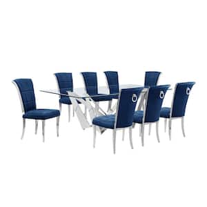 Meryl 9-Piece Rectangular Glass Top Stainless Steel Base Dining Set 8 Navy Blue Velvet Chrome Iron Legs Chairs