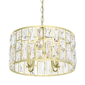 Kristella 4-Light Soft Gold Drum Pendant Hanging Light with Clear Crystal Glass, Glam Styled Dining Room Chandelier