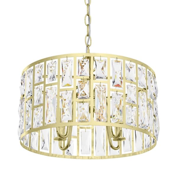 Home Decorators Collection Kristella 4-Light Soft Gold Drum Pendant Hanging Light with Clear Crystal Glass, Glam Styled Dining Room Chandelier