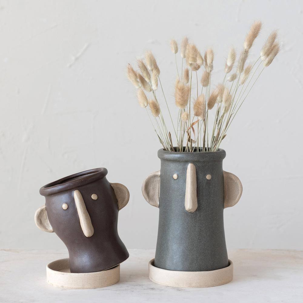 Matte Black and Cream Stoneware Face Planter with Saucer