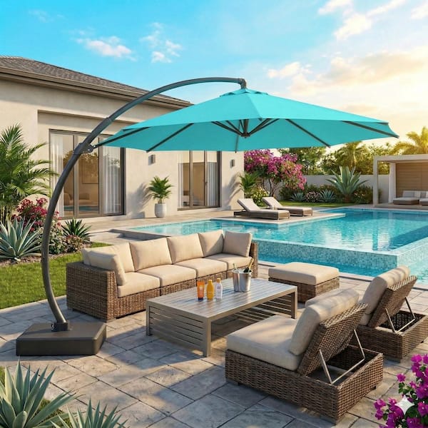GJJH 11 ft. Aluminum Market Crank and Auto-Tilt Patio Umbrella in Blue  11FT-PCBlue1