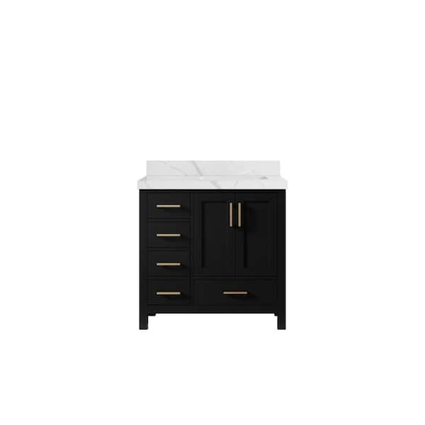 Willow Collections Malibu 36 in. W x 22 in. D x 36 in. H Right Offset Sink Bath Vanity in Black with 2 in. Calacatta Laza Top
