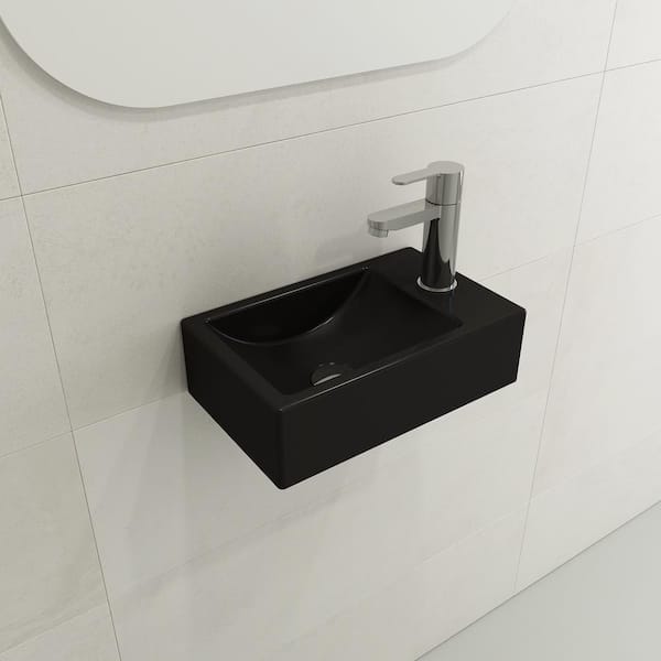 BOCCHI Milano Wall-Mounted Matte Black Fireclay Bathroom Sink 14.5 in. 1-Hole Right Side Faucet Deck