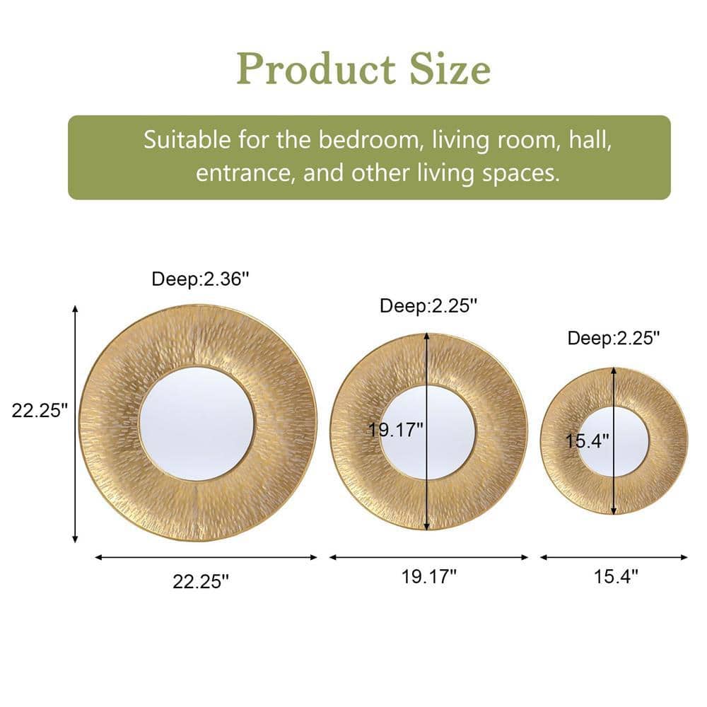 Gold Sunburst 3-Piece Round Wall Mirror Set
