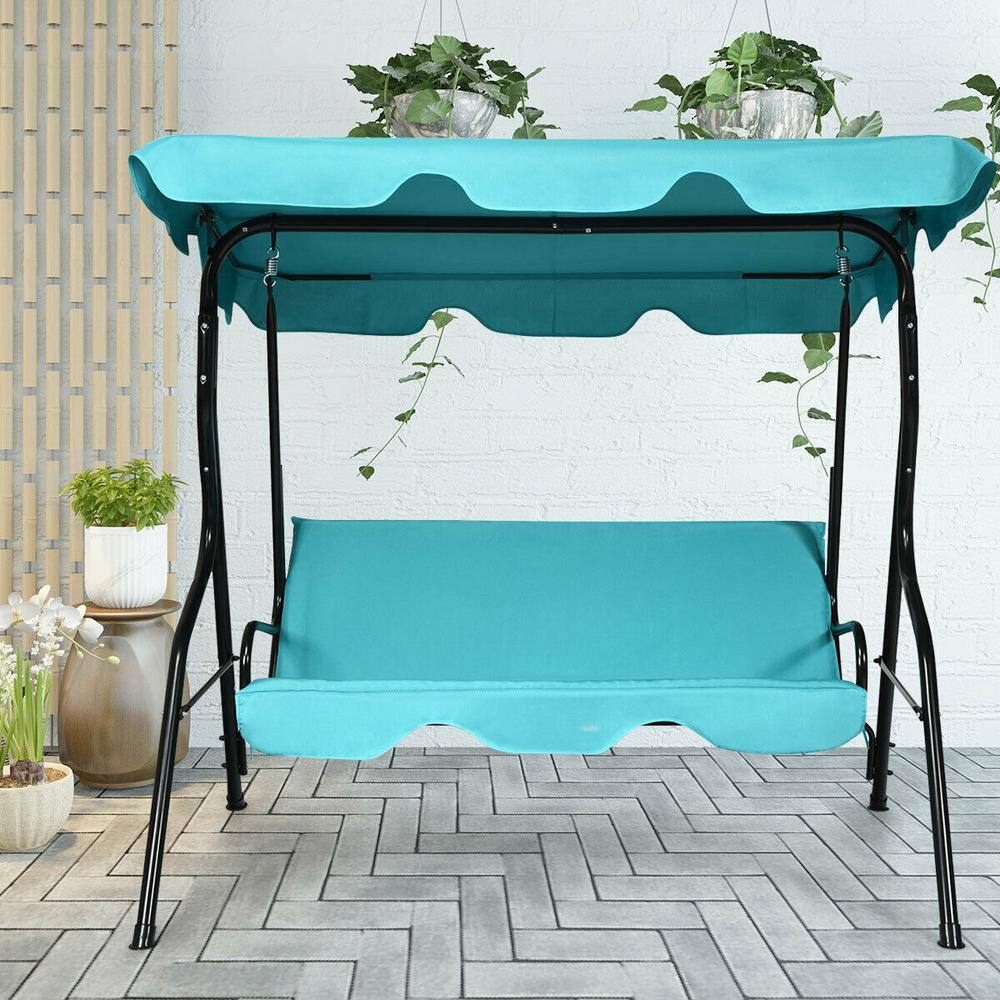 Turquoise 3-Person Steel Outdoor Patio Swing with Canopy