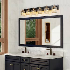 Orillia 43.3 in. 6-Light Black and Gold Bathroom Vanity Light with Crystal Shade Wall Sconce Over Mirror