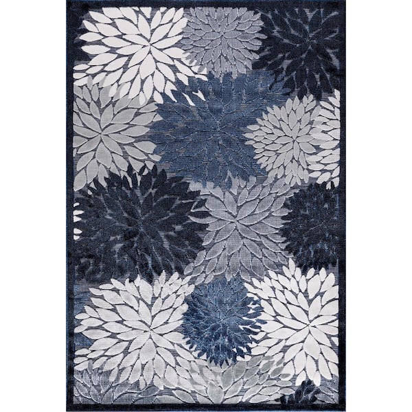 CAMILSON Bloom Navy Blue 8 ft. x 10 ft. Floral Exotic Tropical Indoor/Outdoor Area Rug