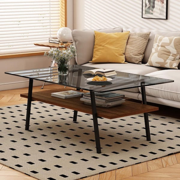 38.58 in. Modern Rectangle Tempered Gray Glass Coffee Table, Black Metal Legs & MDF Base for Living Room