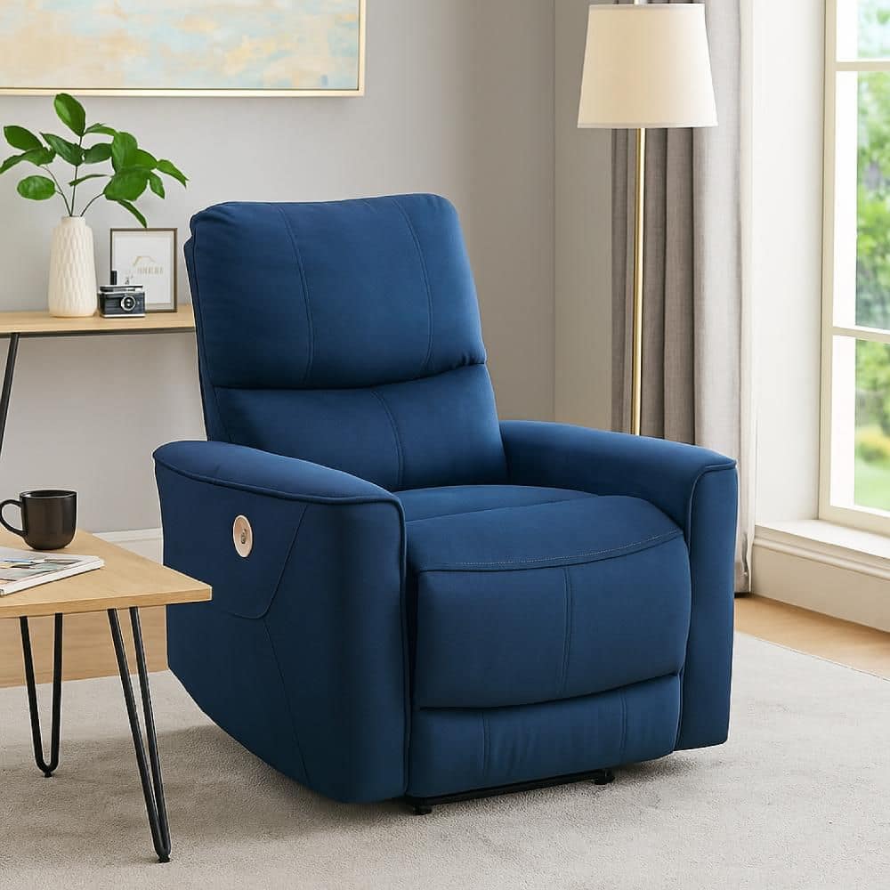 Benjara Erten Navy Blue Velvet Rocker Recliner Chair BM338612