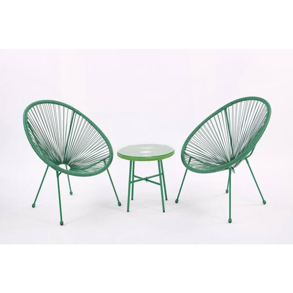 Zeus & Ruta 3 Piece Green Metal Rattan Patio Conversation Set with Coffee Table for Garden, Backyard, Balcony or Poolside