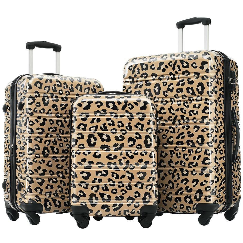 Lightweight Durable 3-Piece Brown Leopard Expandable PC Hardshell Spinner Luggage Set with TSA Lock