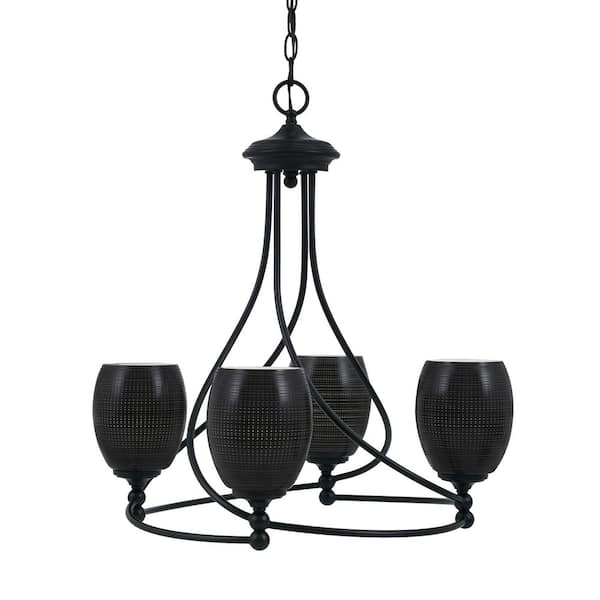 Unbranded Royale 4-Light Matte Black Chandelier, Round Chandelier with 5 in. Black Matrix Glass Shades, No bulbs included