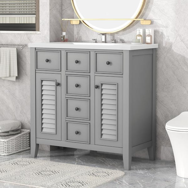 Staykiwi 36 in. W x 18.03 in. D x 34.38 in. H Freestanding Bath Vanity in Grey with White Ceramic Top