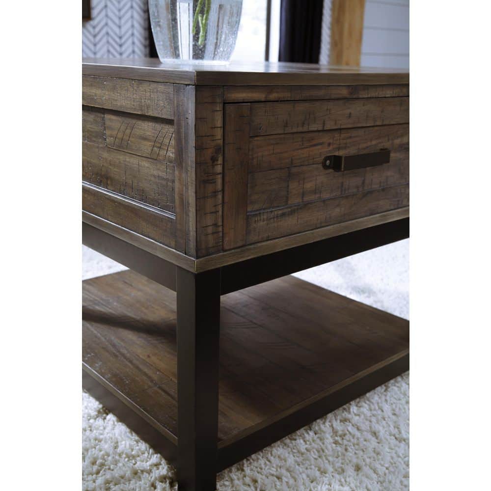 Rustic Brown and Black Rectangular Wood End Table with Storage