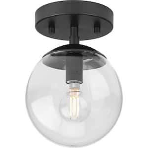 Atwell Collection 6 in. 1-Light Matte Black Semi-Flush Mount Mid-Century Modern with Clear Glass Shade
