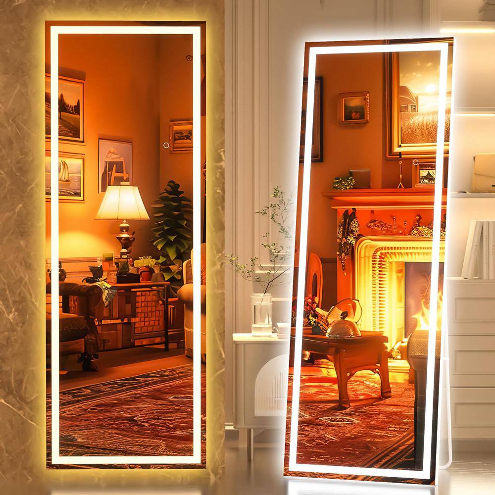 18 in. W x 56 in. H Square White LED Lighted Floor Standing Mirror, Full Bo