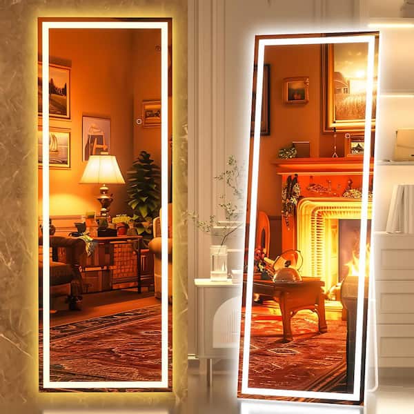 Hasipu 18 in. W x 56 in. H Square White LED Lighted Floor Standing Mirror, Full Body Dressing Mounted Mirror, Tempered Glass